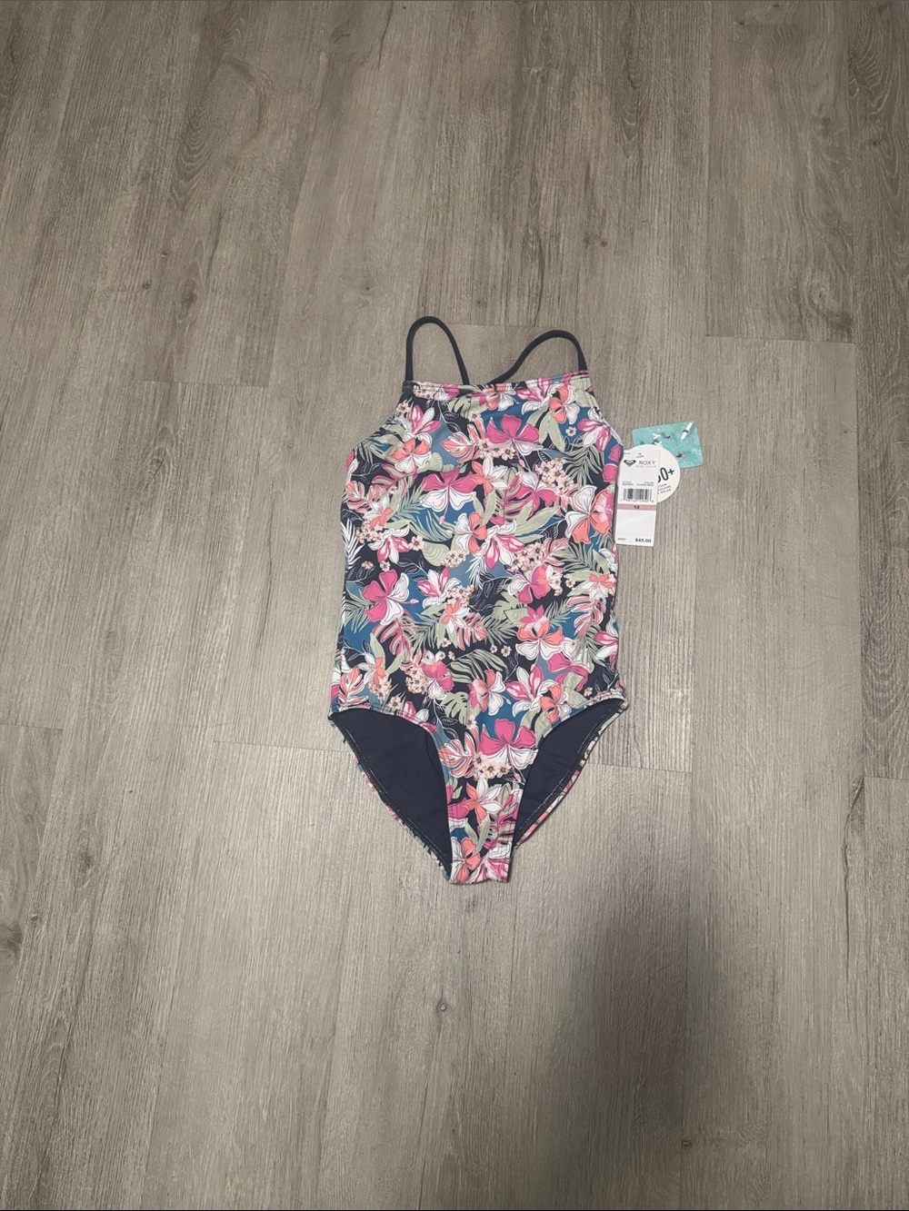 Roxy Kids Floral One-Piece Swimsuit — Navy, Pink, Green